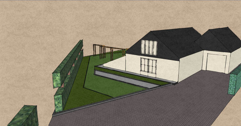 Tuintekening in 3D van een voortuin met haag en bestrating